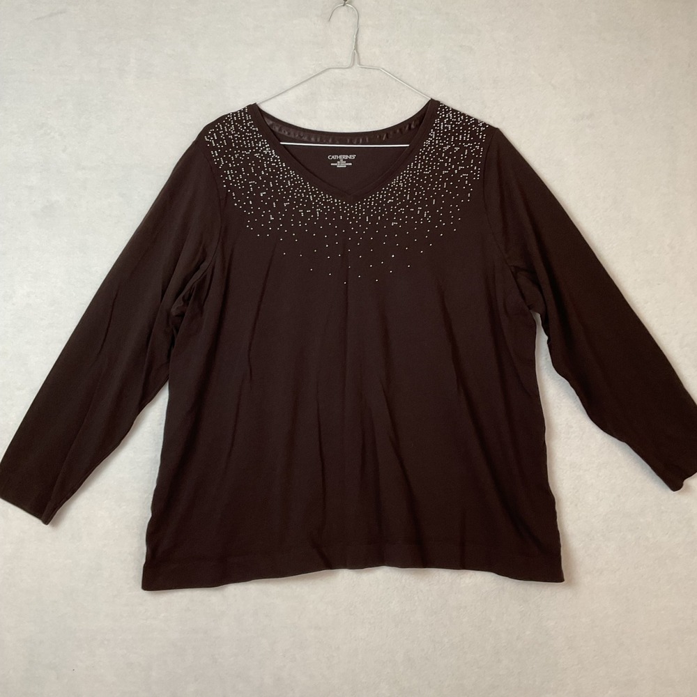 Catherines Women 1X 18/20W Brown Studded V-Neck Long Sleeve Cotton Top